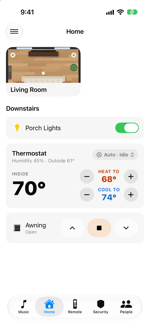 A page of lights, a thermostat and an awning