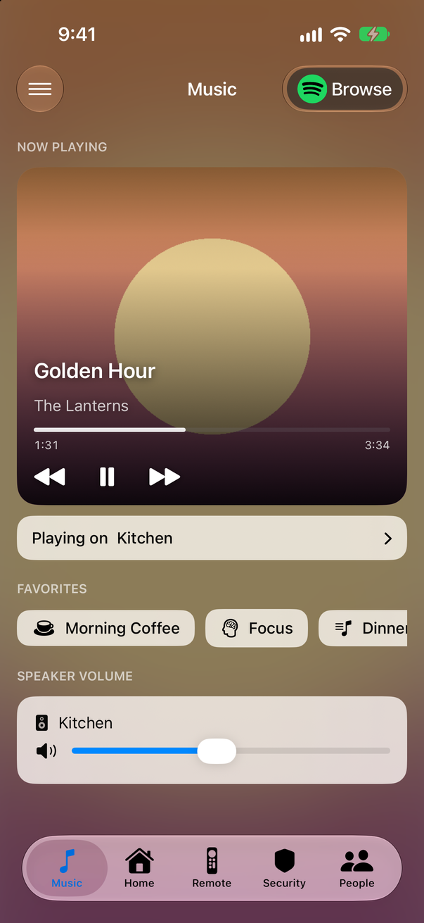 Music: what's playing and each speaker's volume
