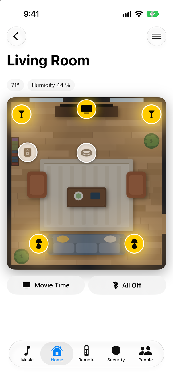 A room with a button on each device